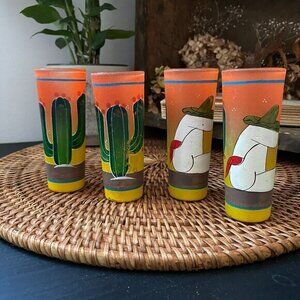 Vintage Hand Painted Mexican Folk Art Sleepy Pancho Tequila Shot Glasses - Set 4